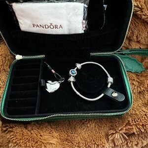 Pandora Silver Bracelet with Blue Sapphire Charm and Travel Case